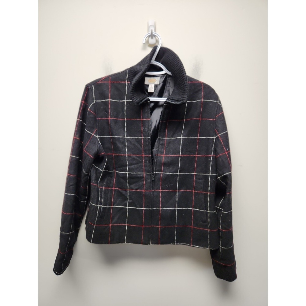 Talbots Jacket Women's 8 Black Red White Plaid Collared‎ Jacket Wool Zip Up
